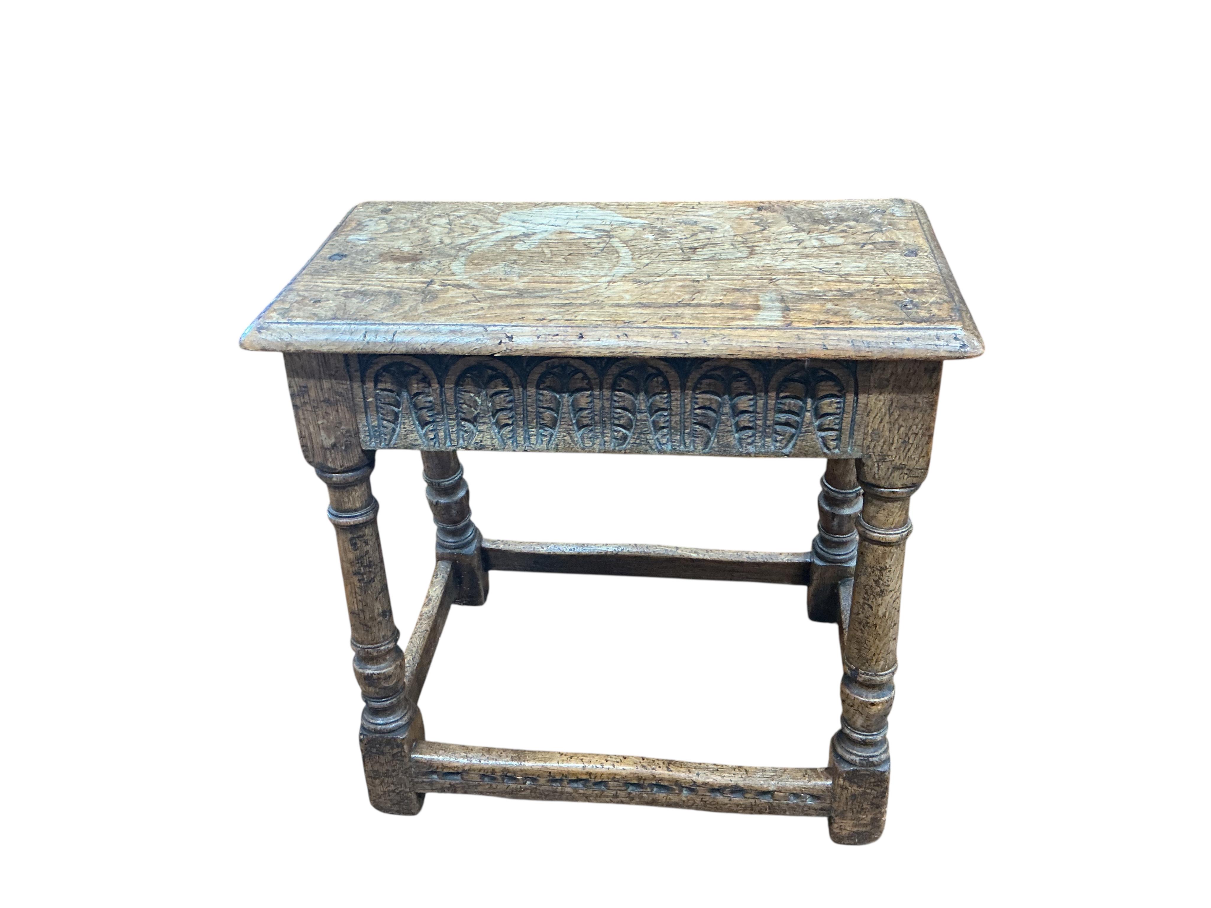 A 17th century style oak joint stool, width 49cm, depth 26cm, height 48cm